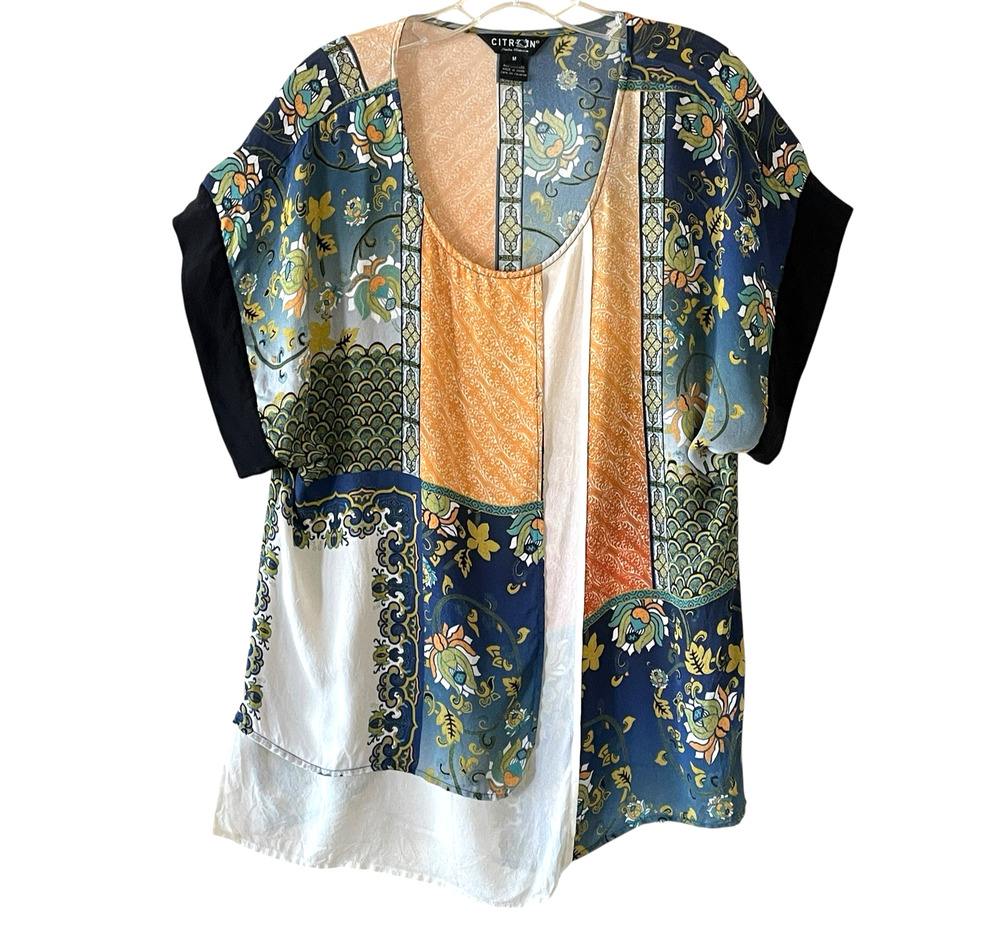 CITRON SANTA MONICA Size Medium Blue Ivory Silk Layered Tunic Short Sleeve Top